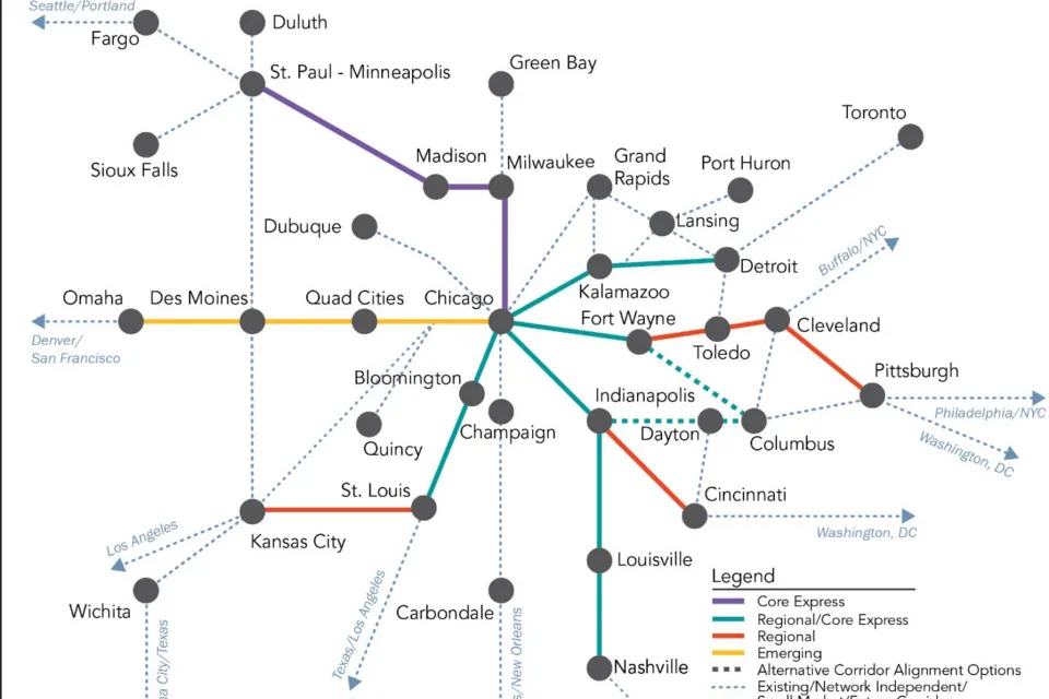 Stylized rendering of the Midwest Regional Rail Network